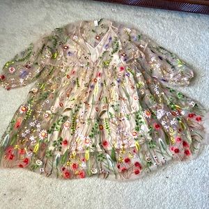 Floral tan/ beige flowy dress, see through (includes slip)
